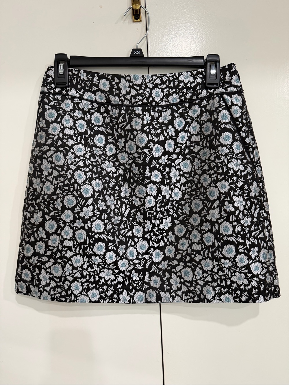 LOFT Black Floral Jacquard Mini Skirt with Light Blue Accents